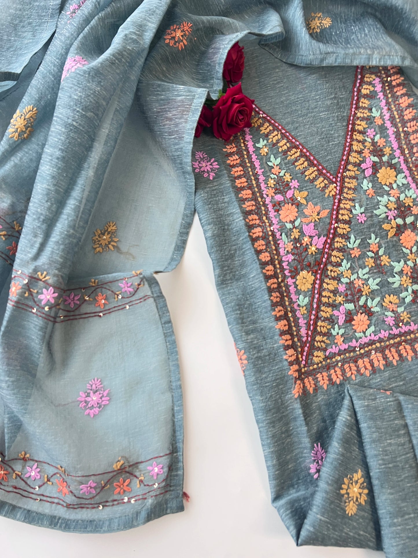 Chanderi knot embroidery Unstitched suit material