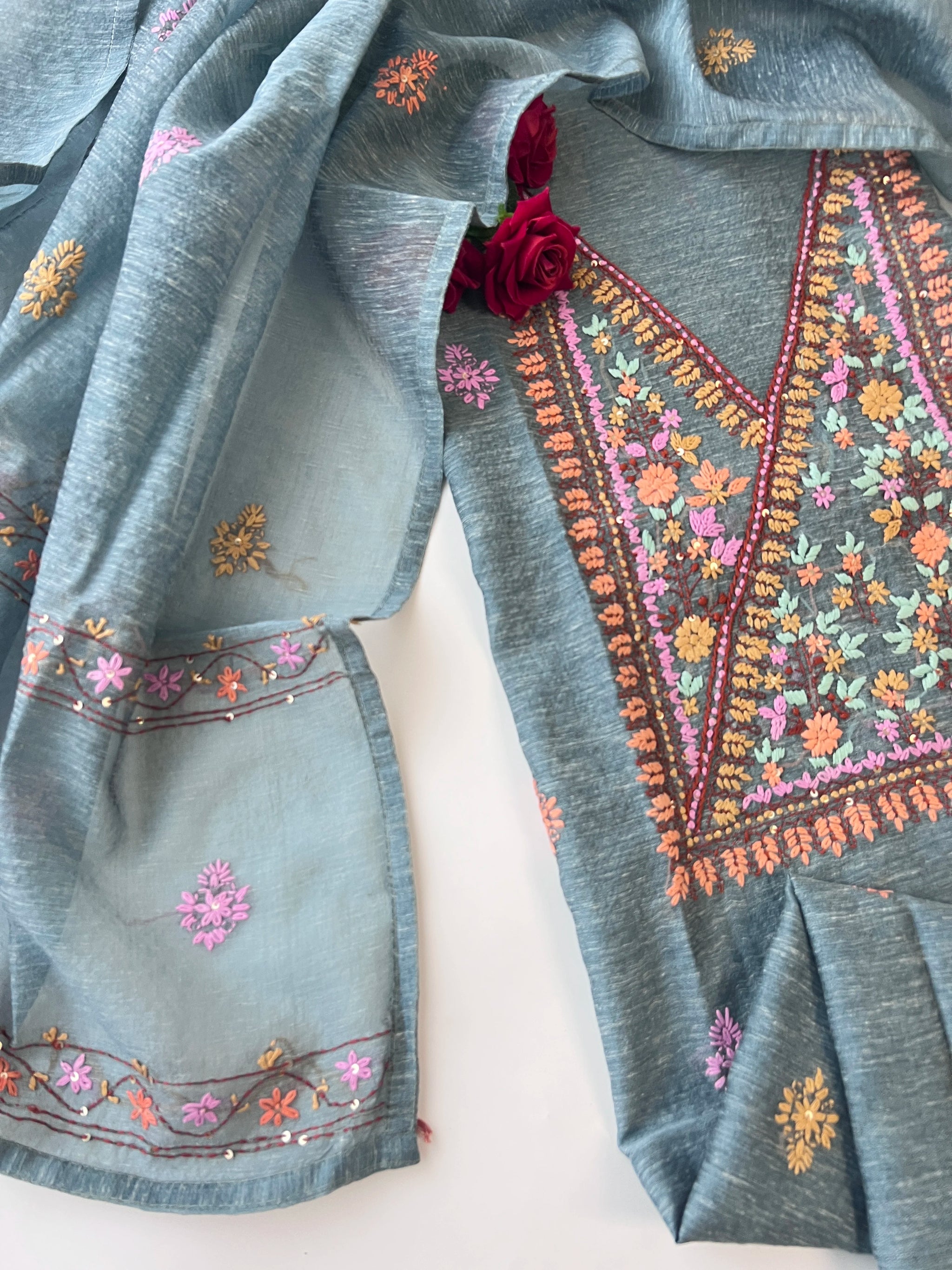 Chanderi knot embroidery Unstitched suit material
