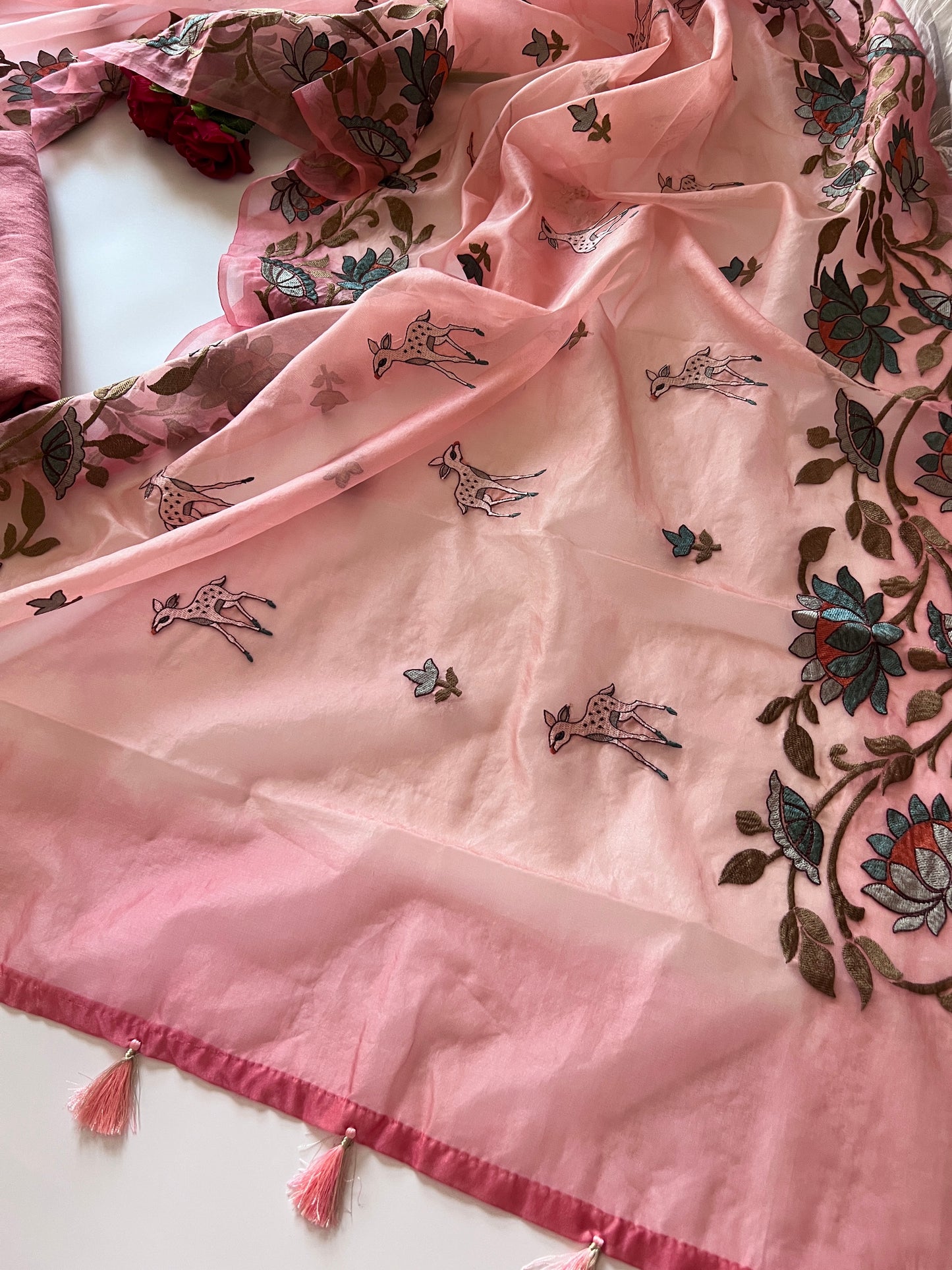 Pure linen Shikargah embroidered unstitched suit.