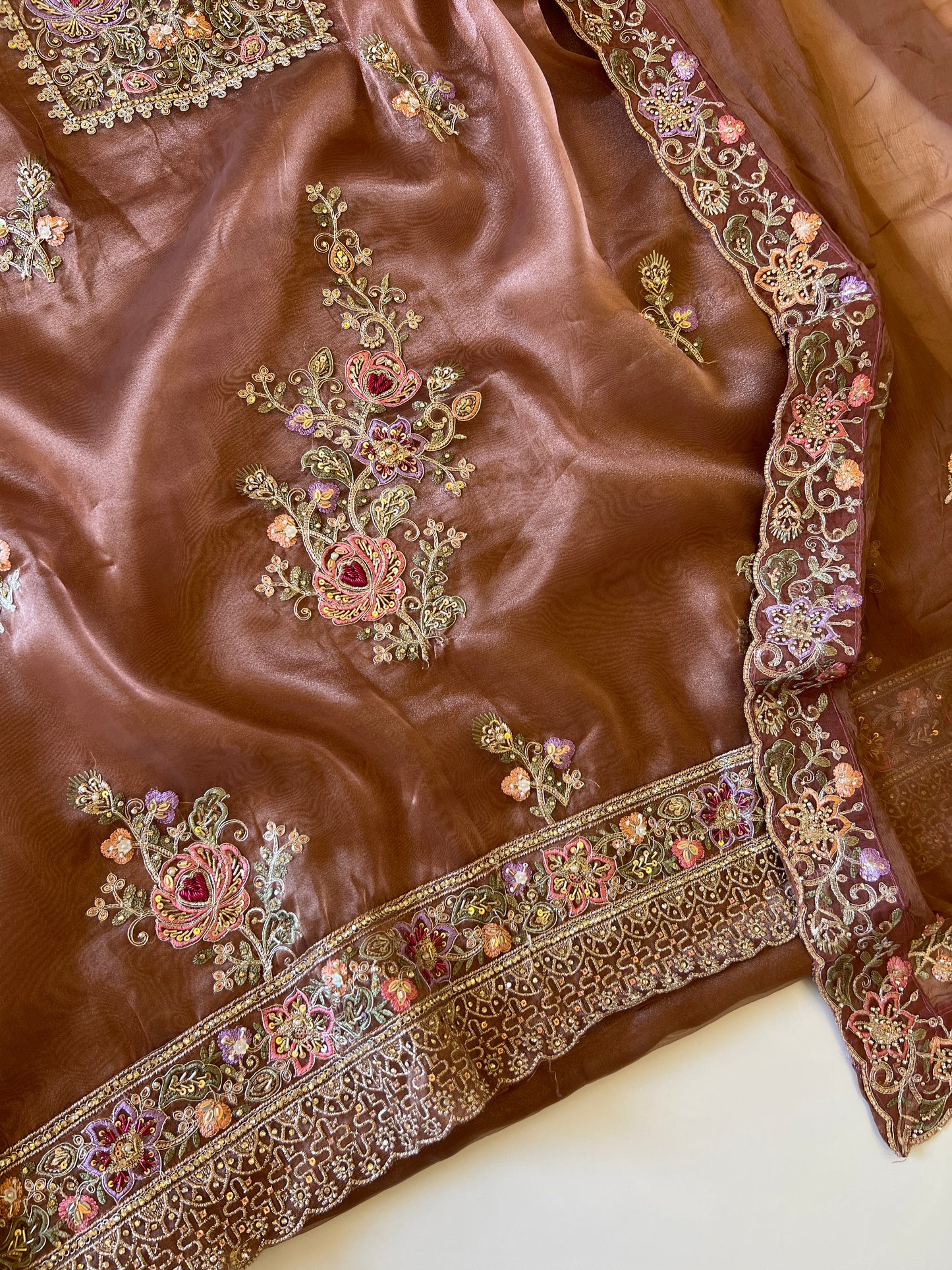 Brown Tissue partywear embroidered suit set unstitched