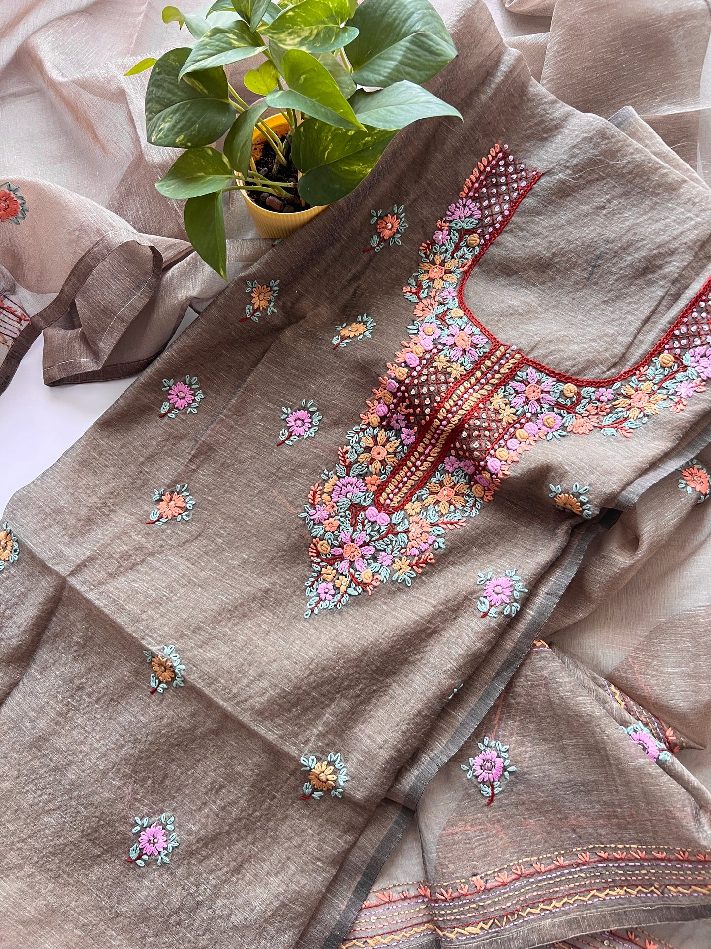 Chanderi knot embroidery Unstitched suit material