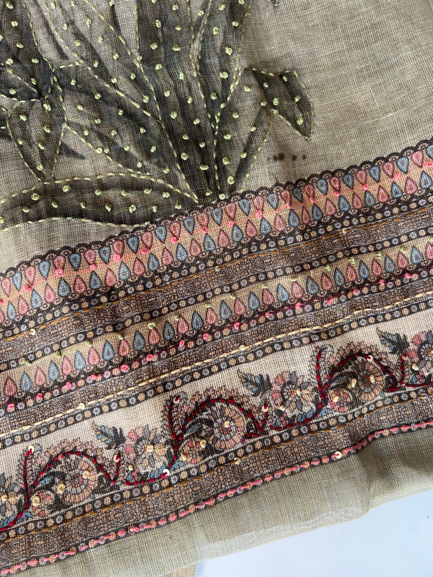 Shimmer Linen Unstitched Salwar Suit with Knot Embroidery and Bird Floral Print