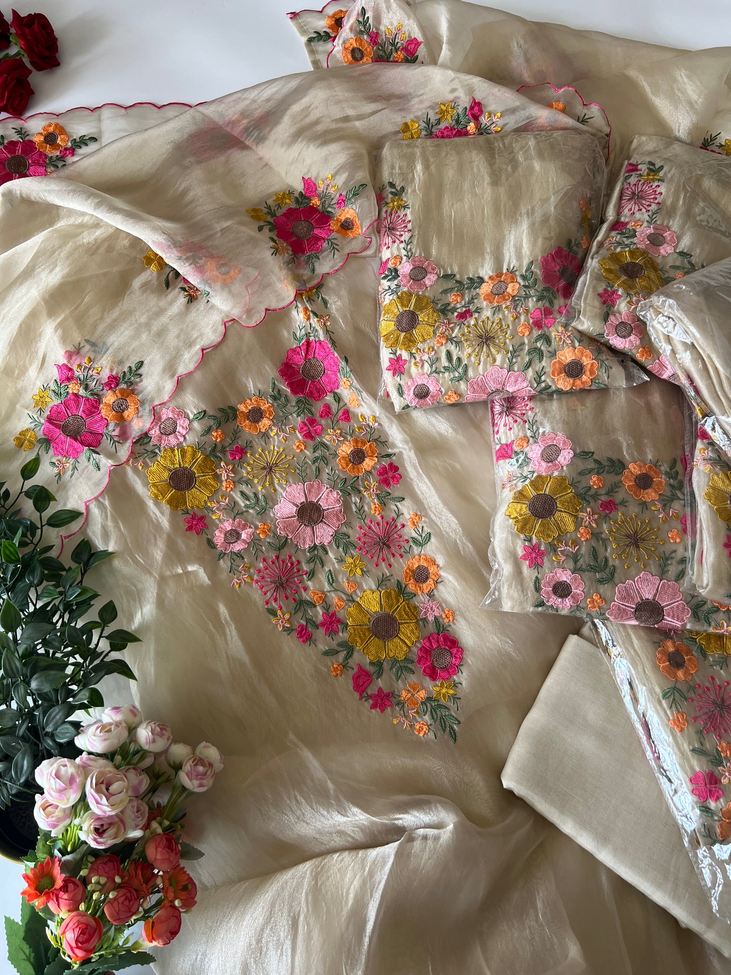 Sunflower Embroidery Crush Organza tissue Dress material
