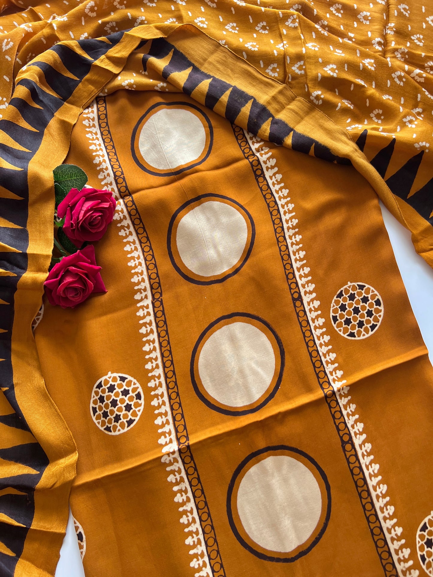 Yellow Ajrakh Handblock print 3 pc fabric Unstitched suit set