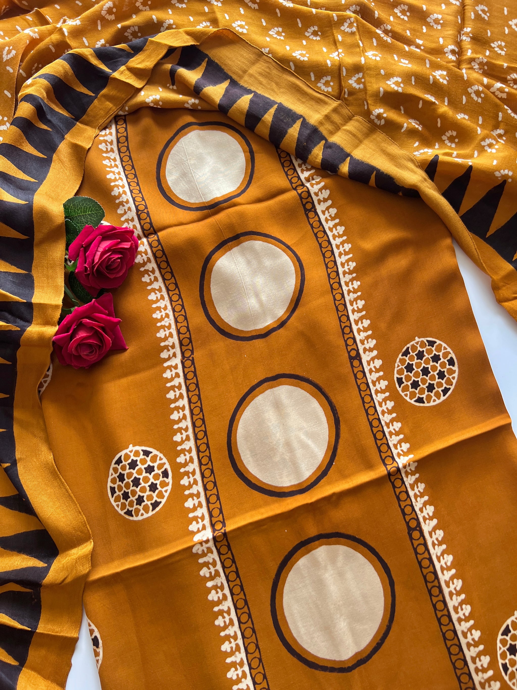 Yellow Ajrakh Handblock print 3 pc fabric Unstitched suit set
