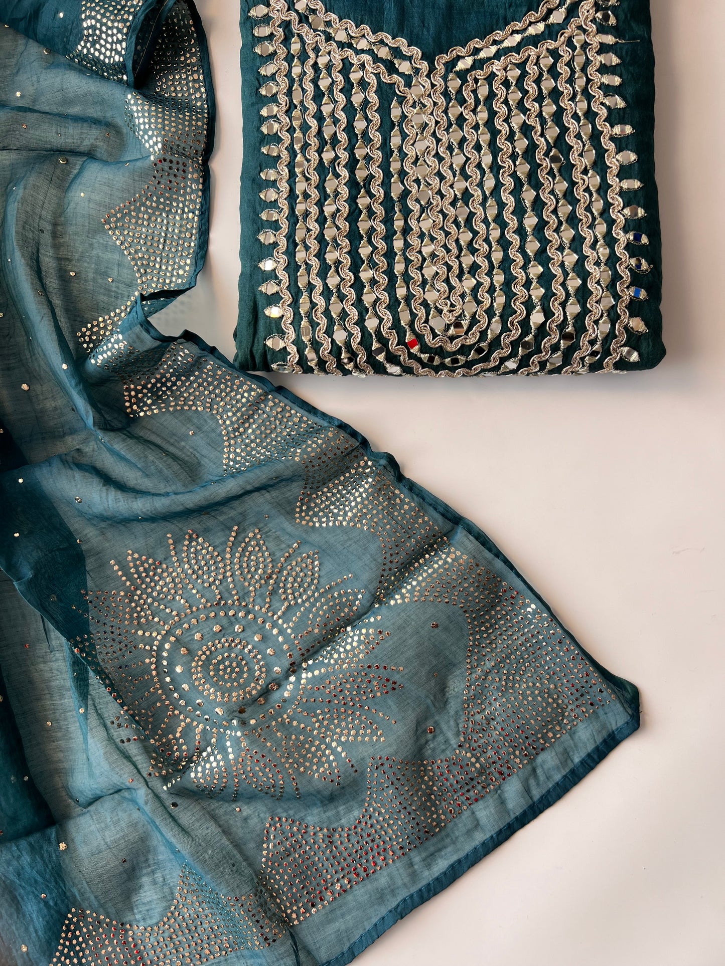 Mirror work on Mul Chanderi dress material with mukaish work dupatta