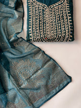 Mirror work on Mul Chanderi dress material with mukaish work dupatta