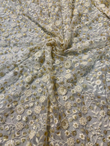 Dyeable net sequin flower embroidered fabric for lehengas, kurtas.