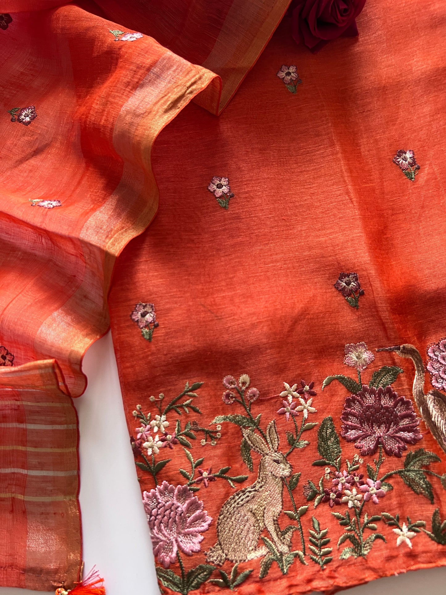 Orange Pure Silk Linen embroidered premium unstitched dress material