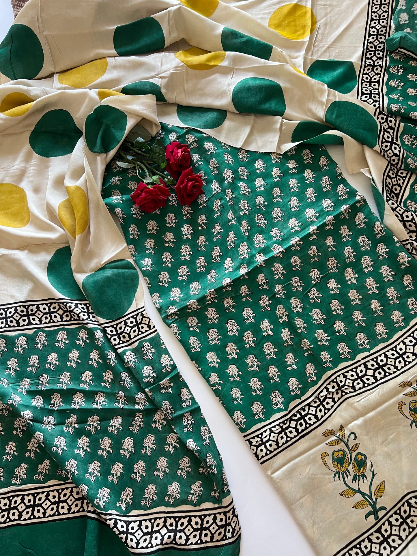 Green Original Handblock Ajrakh print on Modal fabric Unstitched suit set