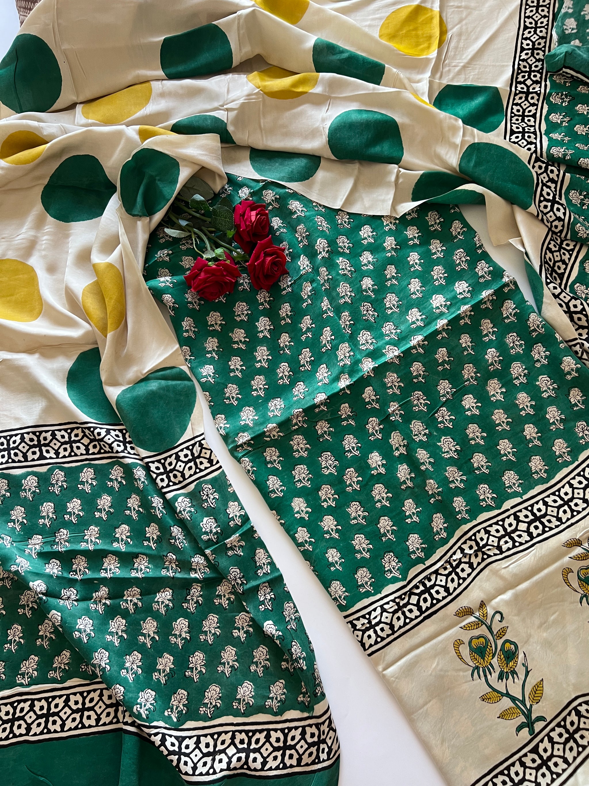 Green Original Handblock Ajrakh print on Modal fabric Unstitched suit set