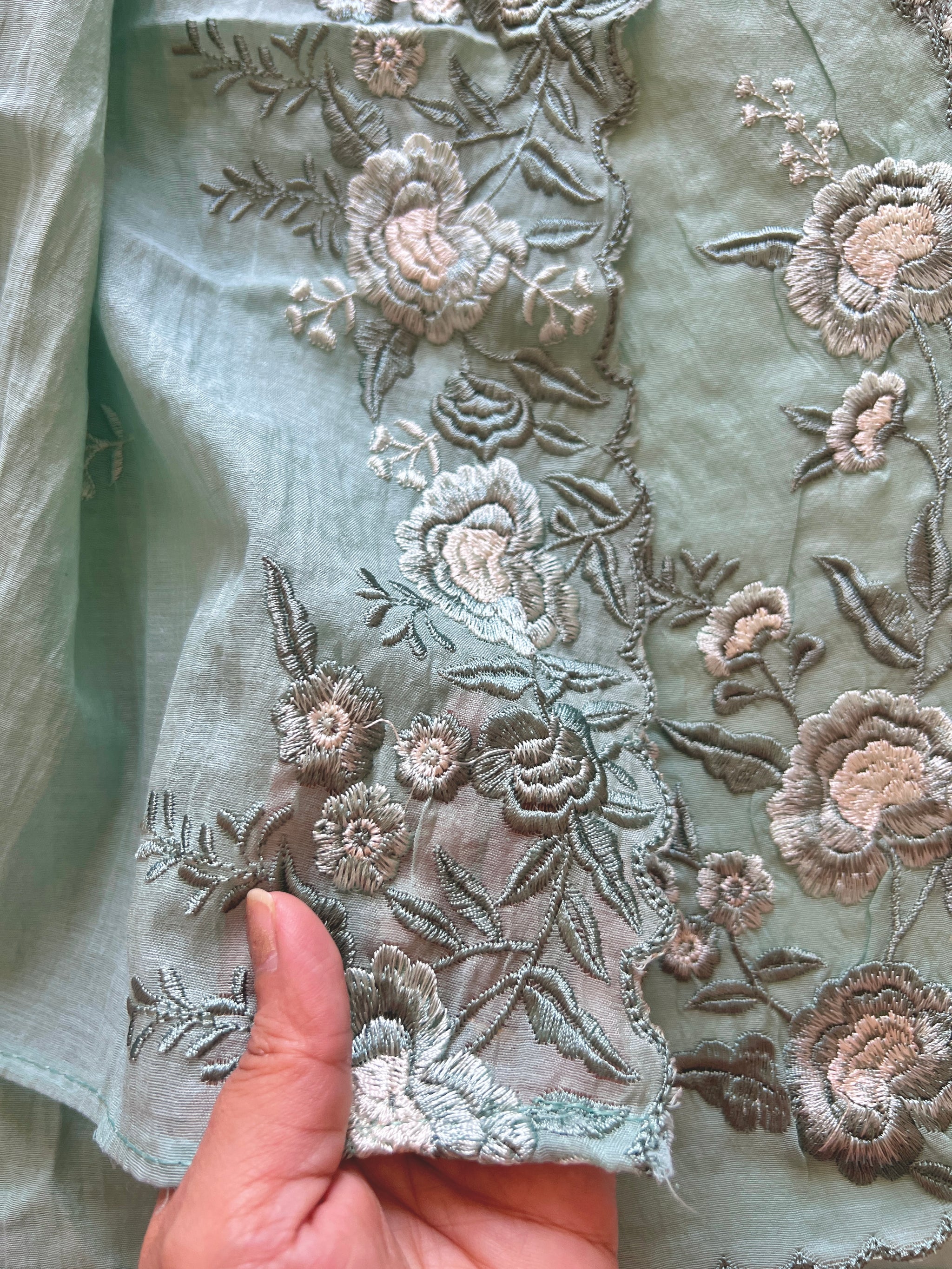 Aqua shade Mul Chanderi Thread embroidered Unstitched Suit