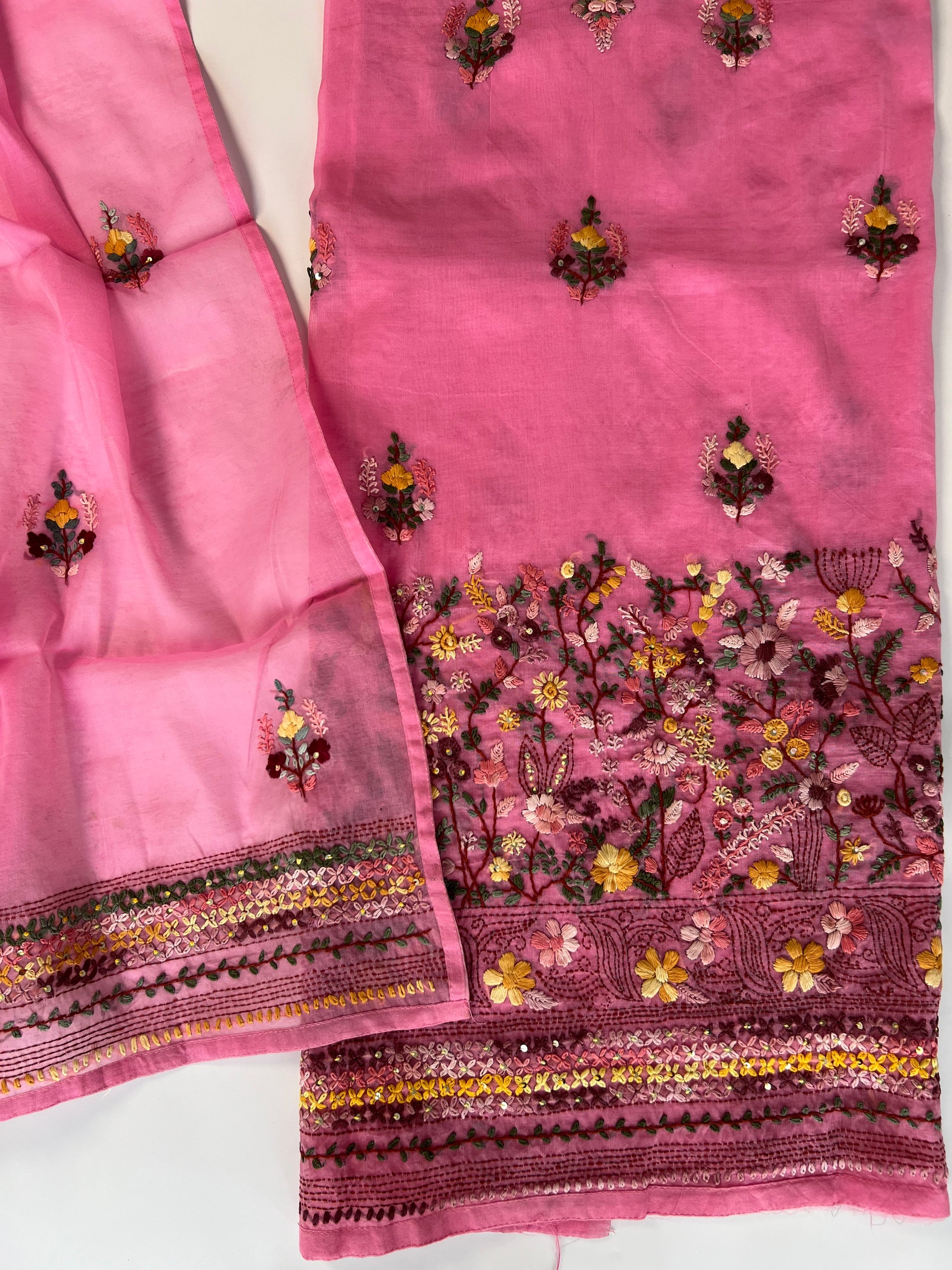 Pink Chanderi knot embroidery Unstitched suit material