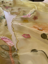 Yellow 3D Embroidery on semi Organza premium unstitched dress material with floral work