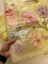 Yellow 3D Embroidery on semi Organza premium unstitched dress material with floral work