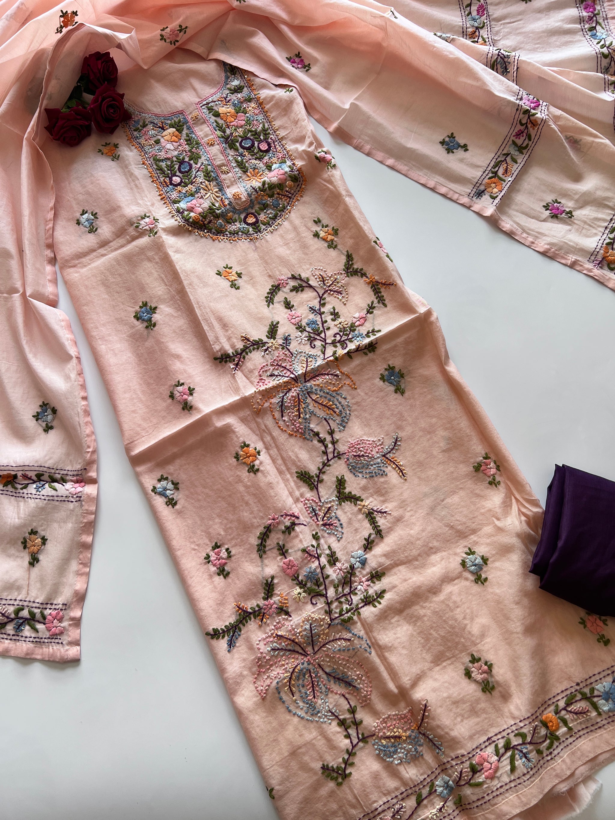 Peach Knot embroidery Unstitched suit material