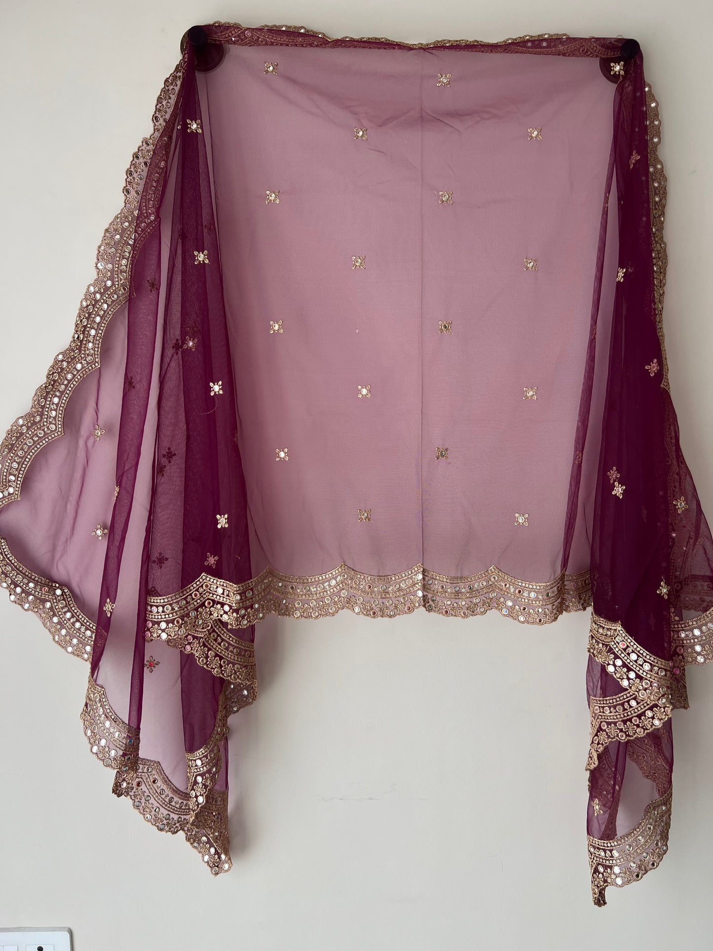 Net dupatta with scallop golden border