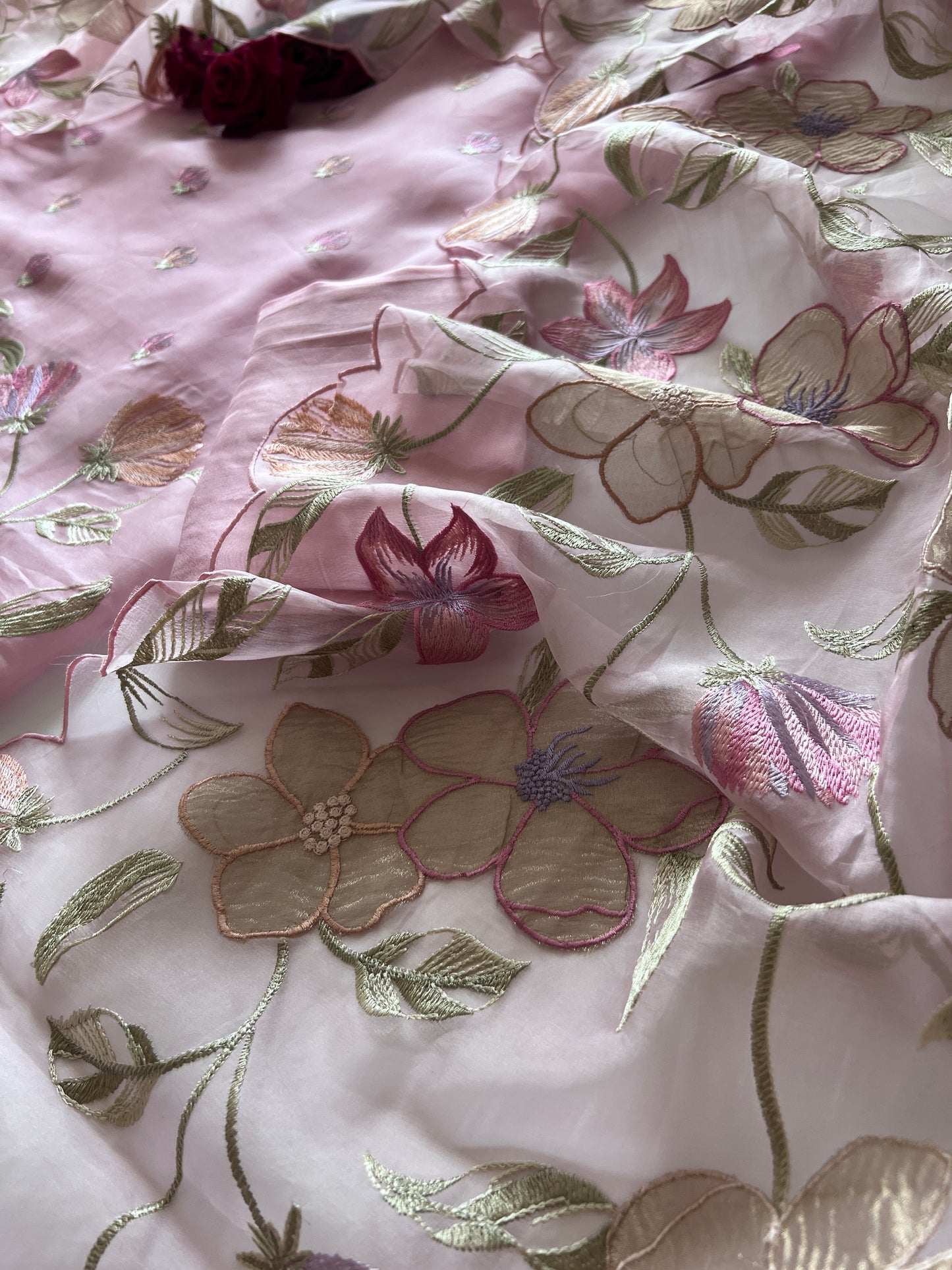 Floral Embroidery on Pure Silk Organza premium unstitched dress material in Pastel Pink