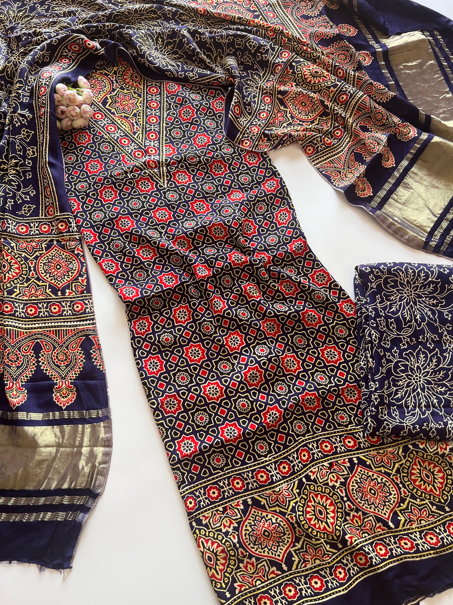 Blue Ajrakh Handblock print 3 pc fabric Unstitched suit set