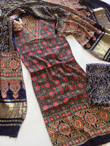 Blue Ajrakh Handblock print 3 pc fabric Unstitched suit set