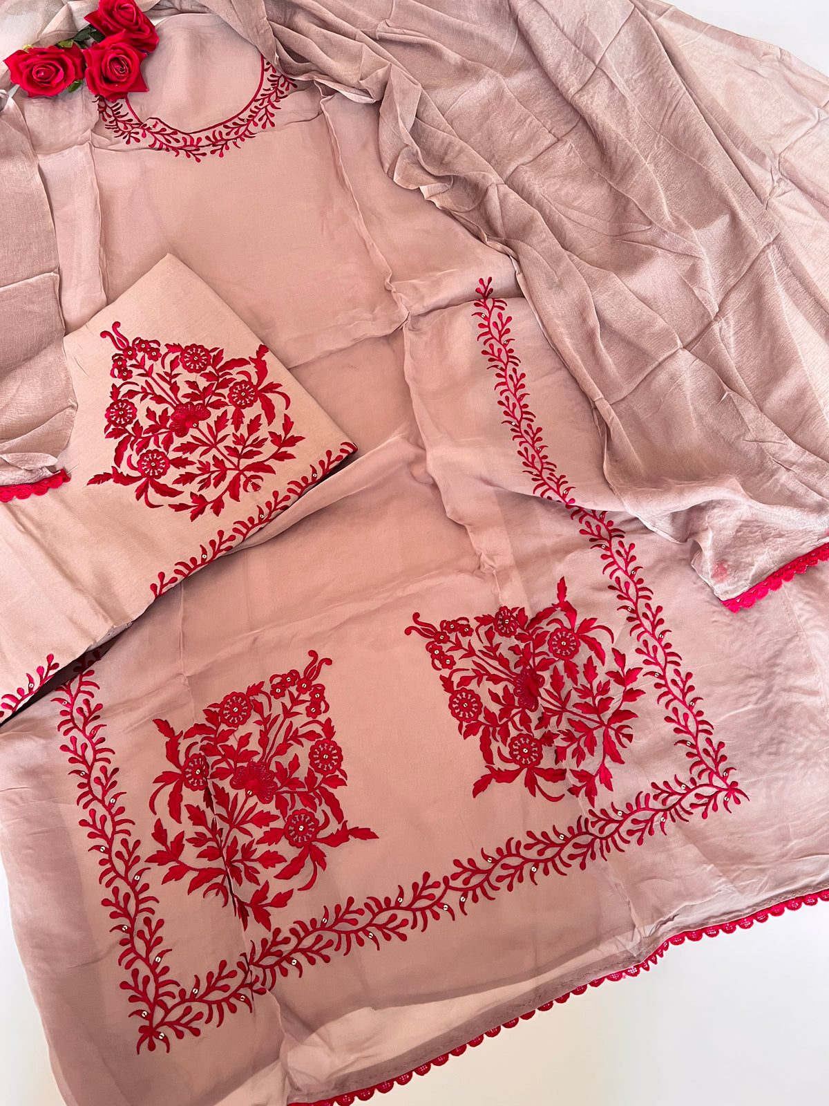 Laal Dhaga Mouse Organza Unstitched Suit with Embroidered Salwar | 3 Pc