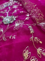 Pure Silk Organza Full embroidered premium unstitched suit in Hot Pink