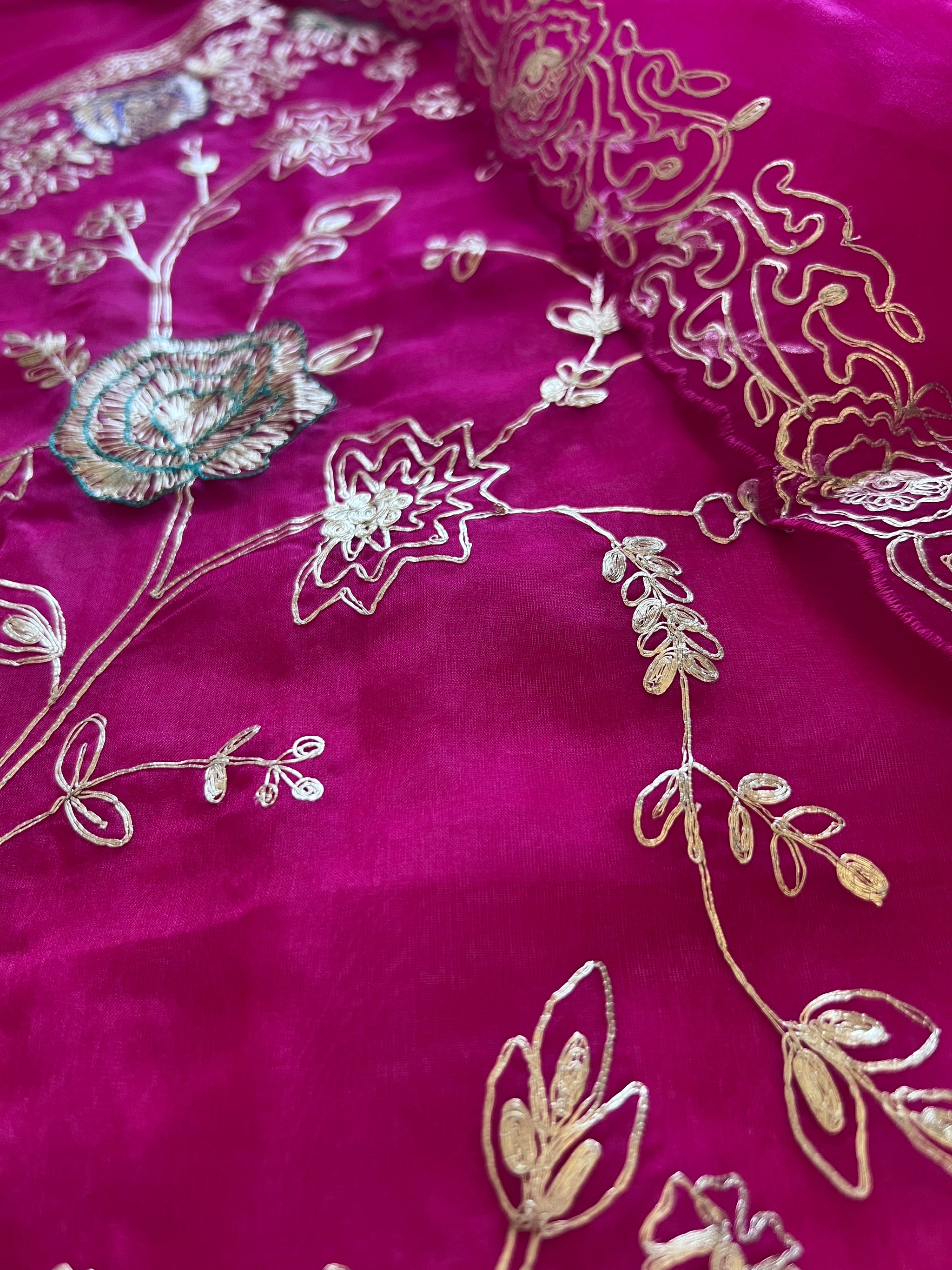 Pure Silk Organza Full embroidered premium unstitched suit in Hot Pink