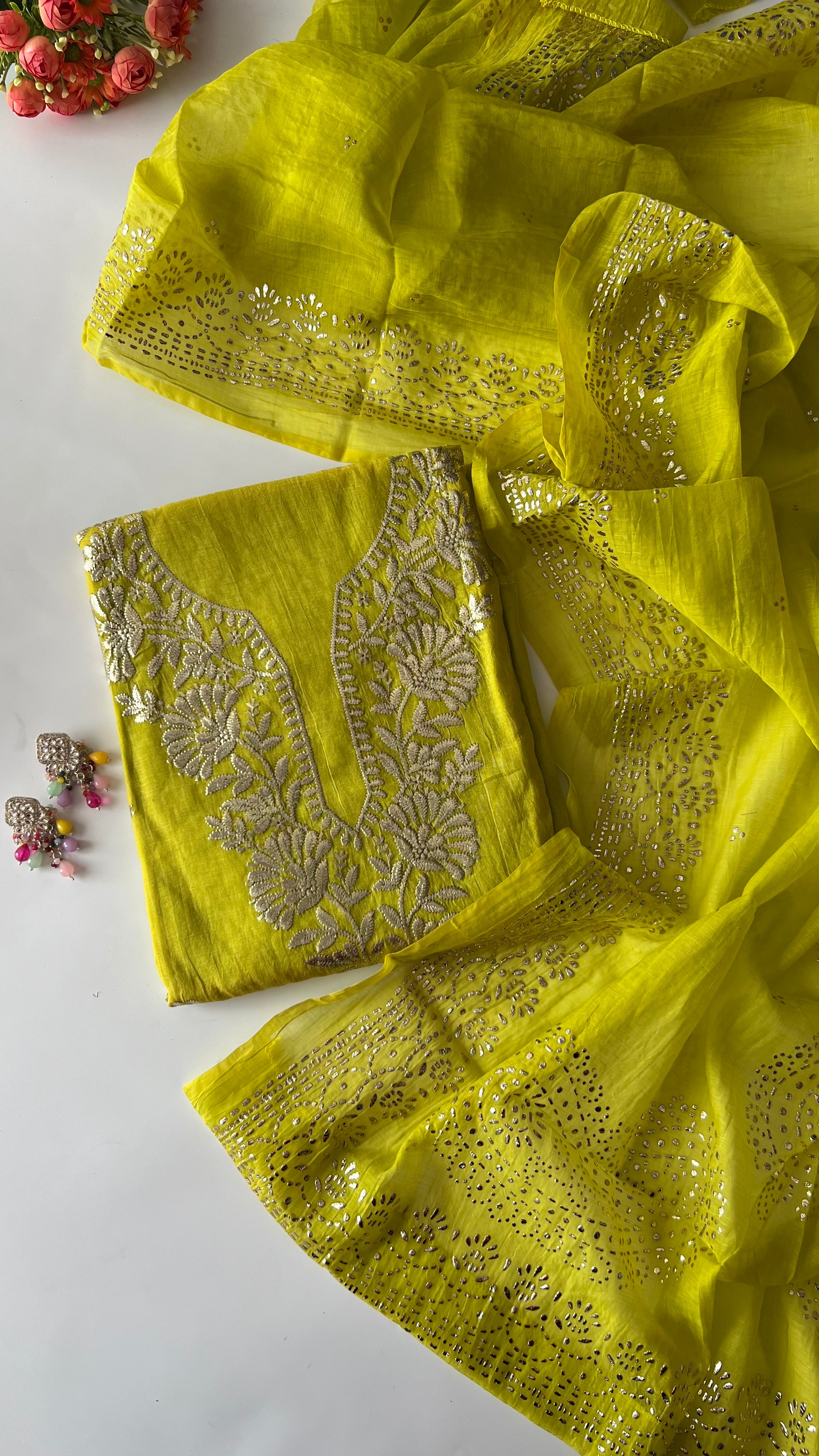 Green Mul Chanderi dress material with pitta and mukaish work