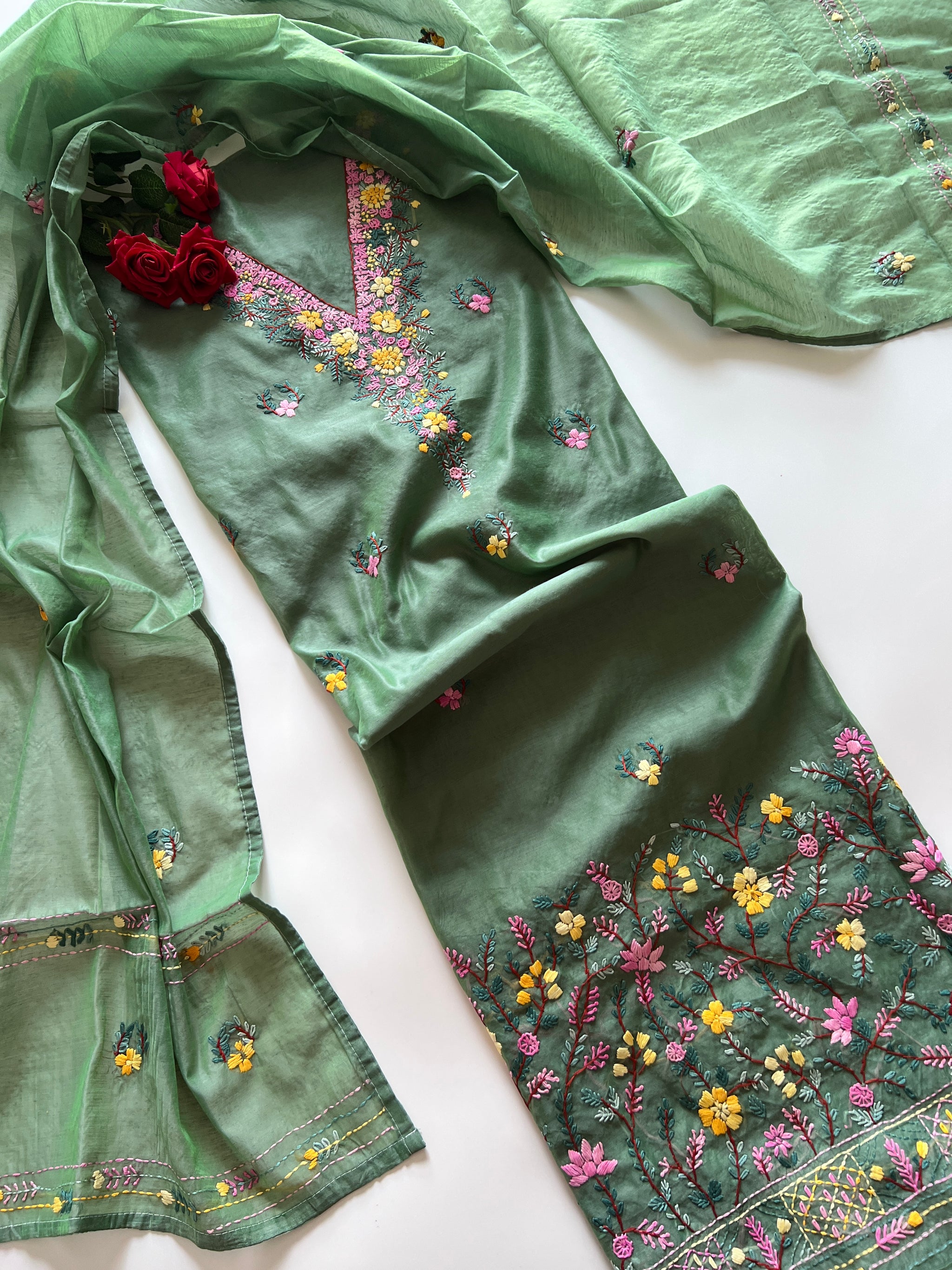 Green Knot embroidery Unstitched suit material 2 pc