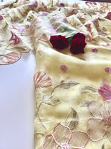 Floral Embroidery on Pure Silk Organza premium unstitched dress material in Pastel Yellow