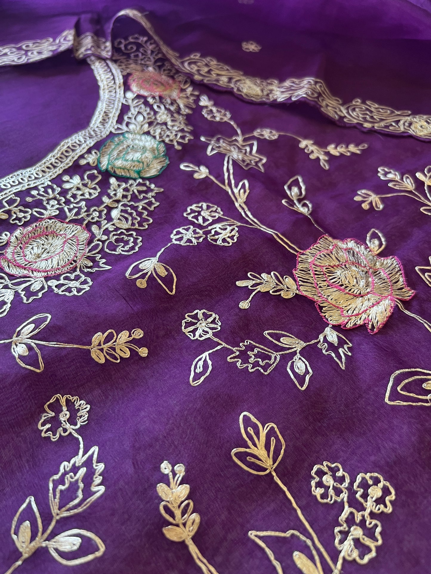 Pure Silk Organza Full embroidered premium unstitched suit in Purple