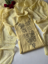 Pastel Yellow Mul Chanderi dress material with pitta and mukaish work
