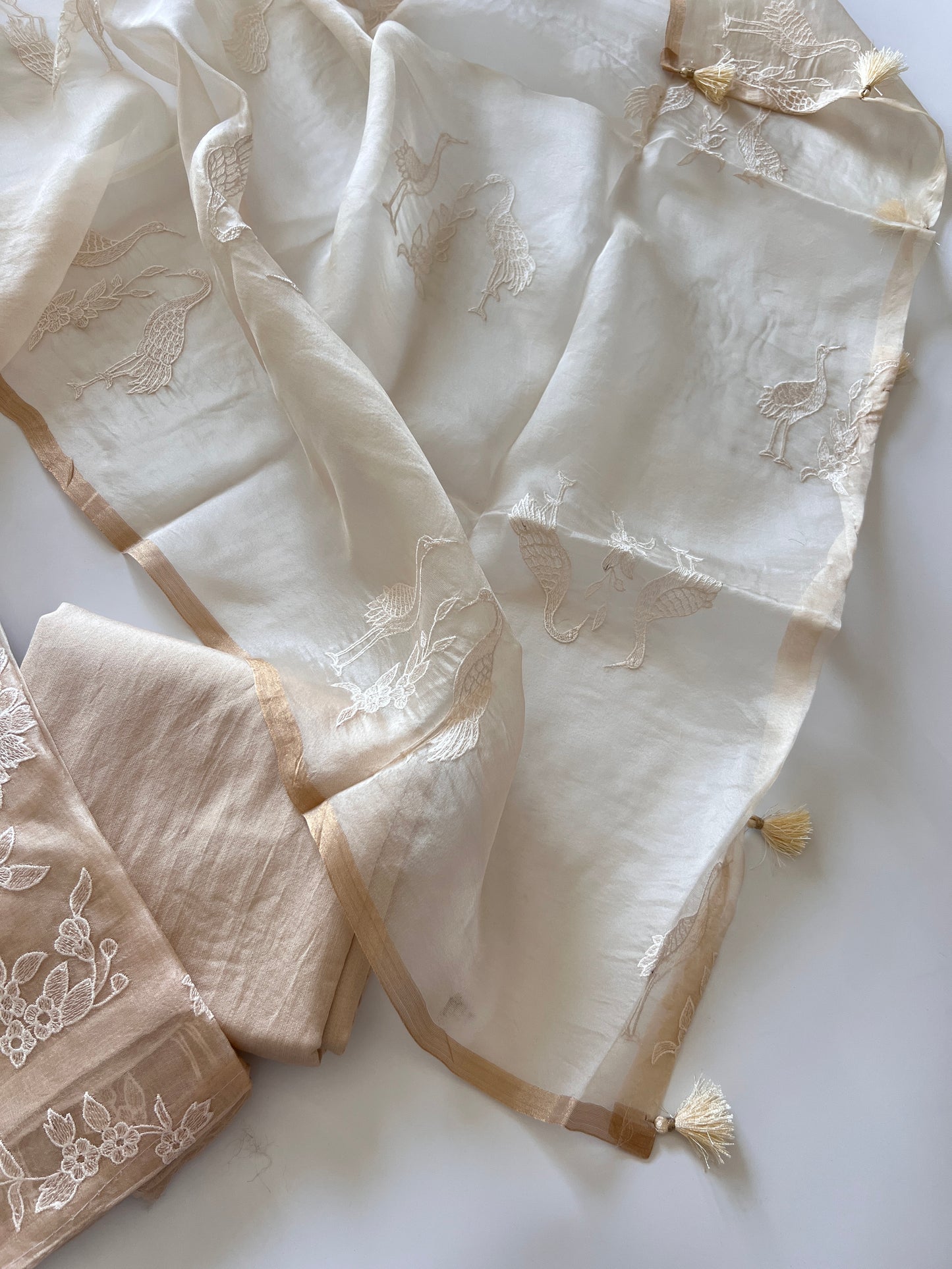 Beige Pure Organza with Swan embroidery Un-stitched Suit set