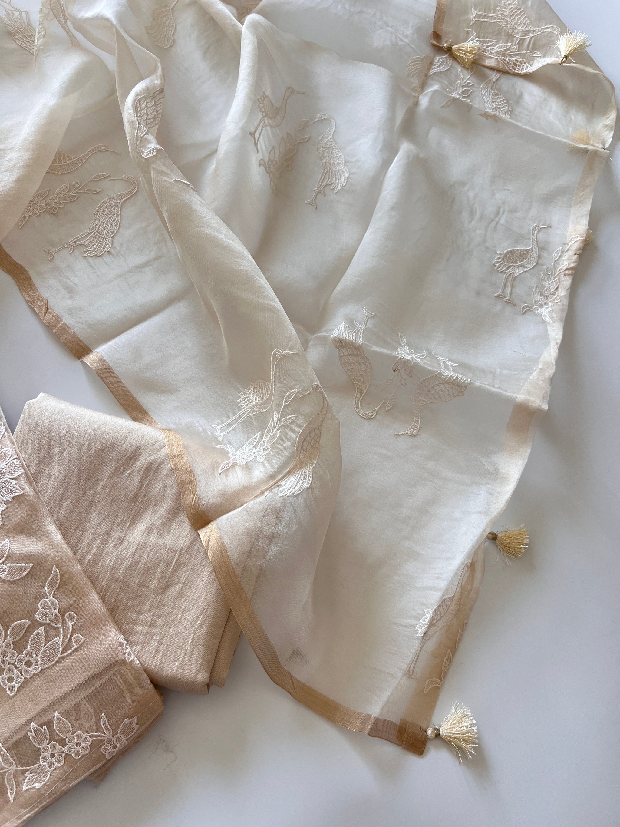 Beige Pure Organza with Swan embroidery Un-stitched Suit set