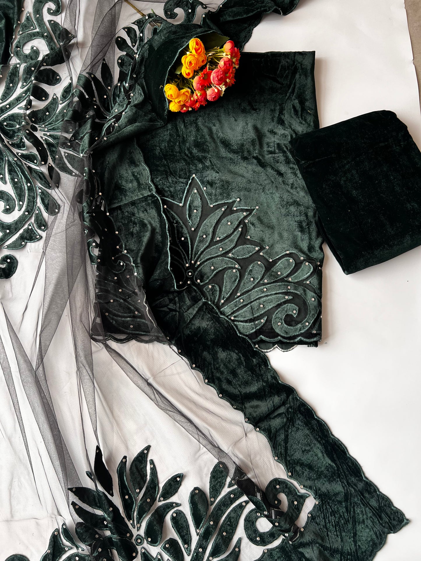 Green color Velvet cut work designer party wear unstitched suit set