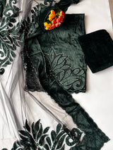 Green color Velvet cut work designer party wear unstitched suit set