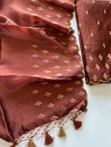 Brown Raw Mango handloom embroidered unstitched suit.