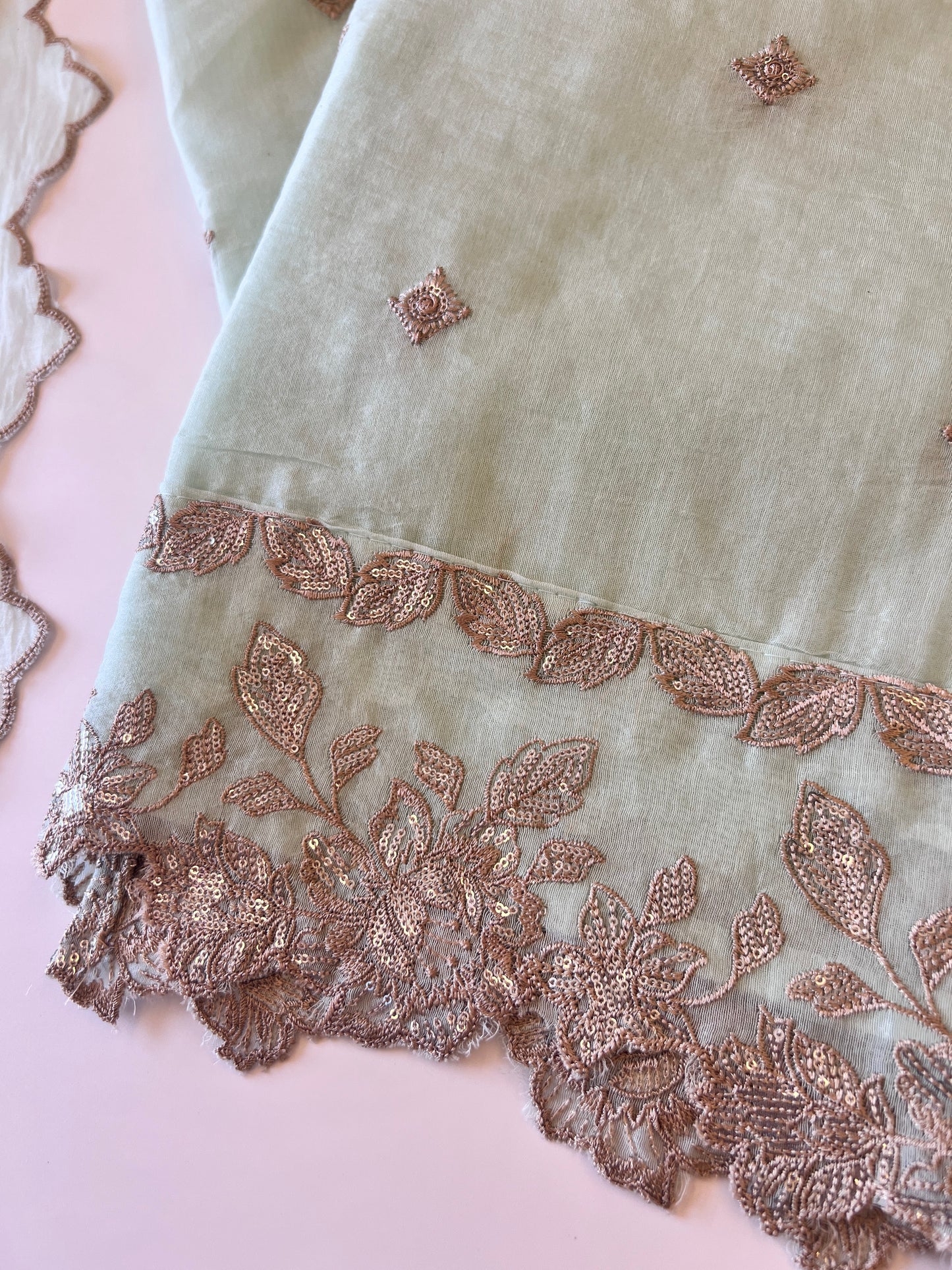 Pastel Blue Mul Chanderi Sequin embroidered Unstitched Suit