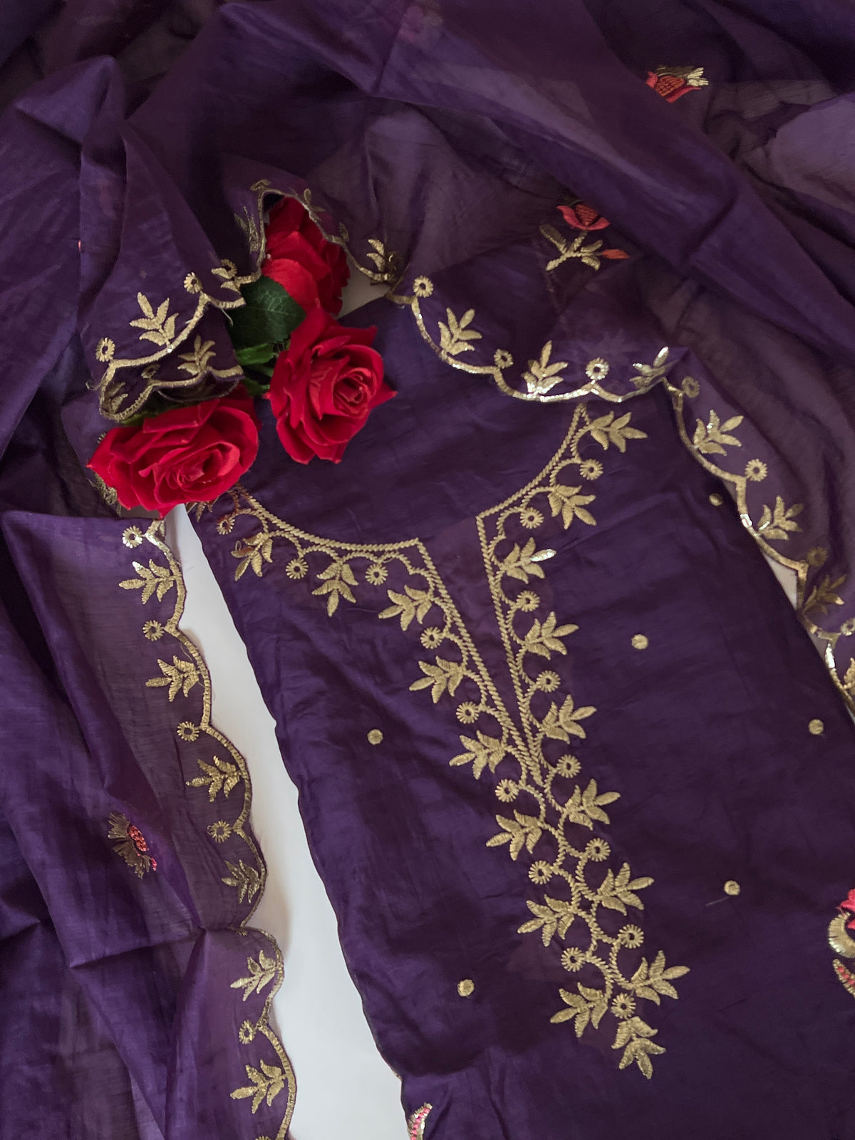 Purple Pitta with thread work on Mul Chanderi dress material - Unstitched Suit set