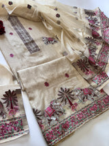 Beige Cotton Jamdani work dress material unstitched Suit set