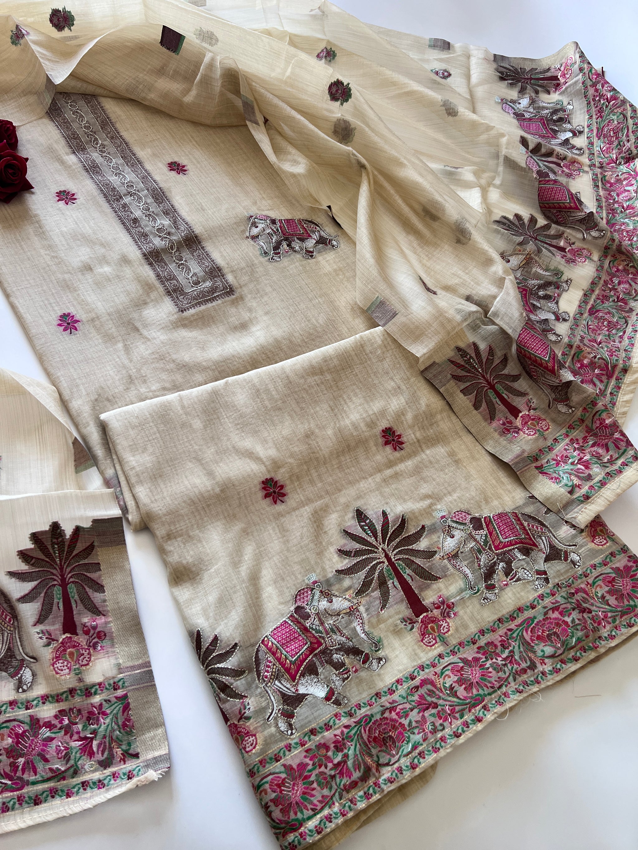 Beige Cotton Jamdani work dress material unstitched Suit set