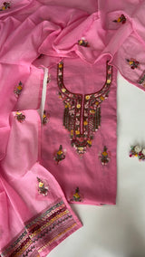 Pink Chanderi knot embroidery Unstitched suit material