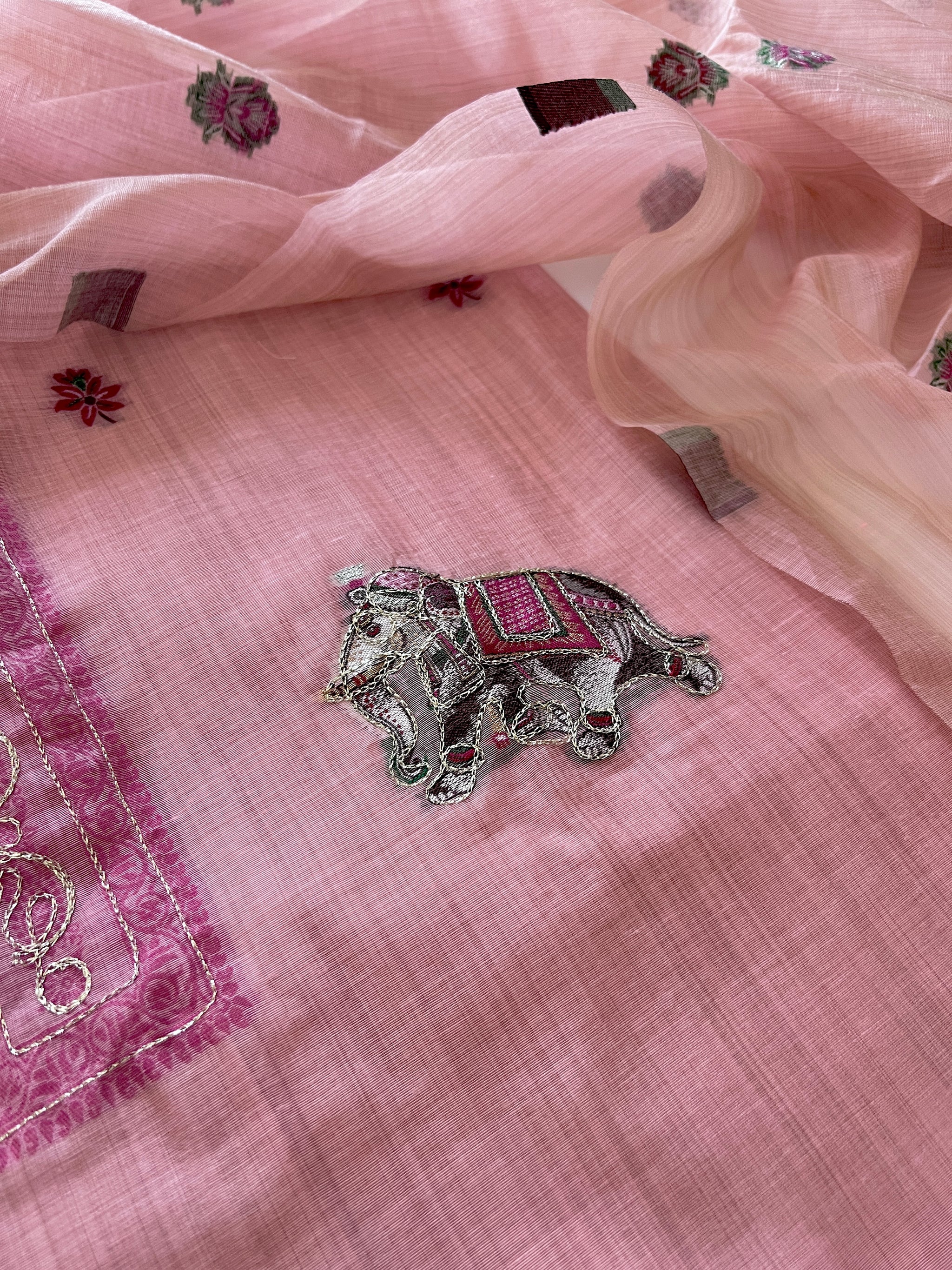 Pink Cotton Jamdani work dress material unstitched Suit set