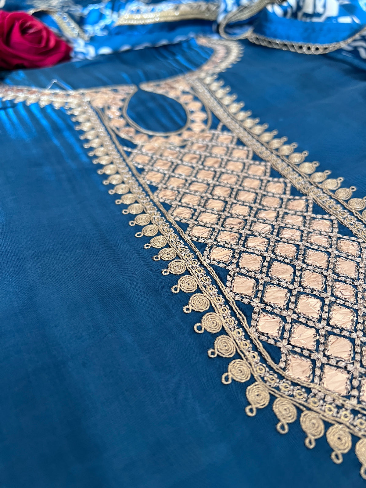 Blue Gajji Silk With gotta work neck Unstitched suit