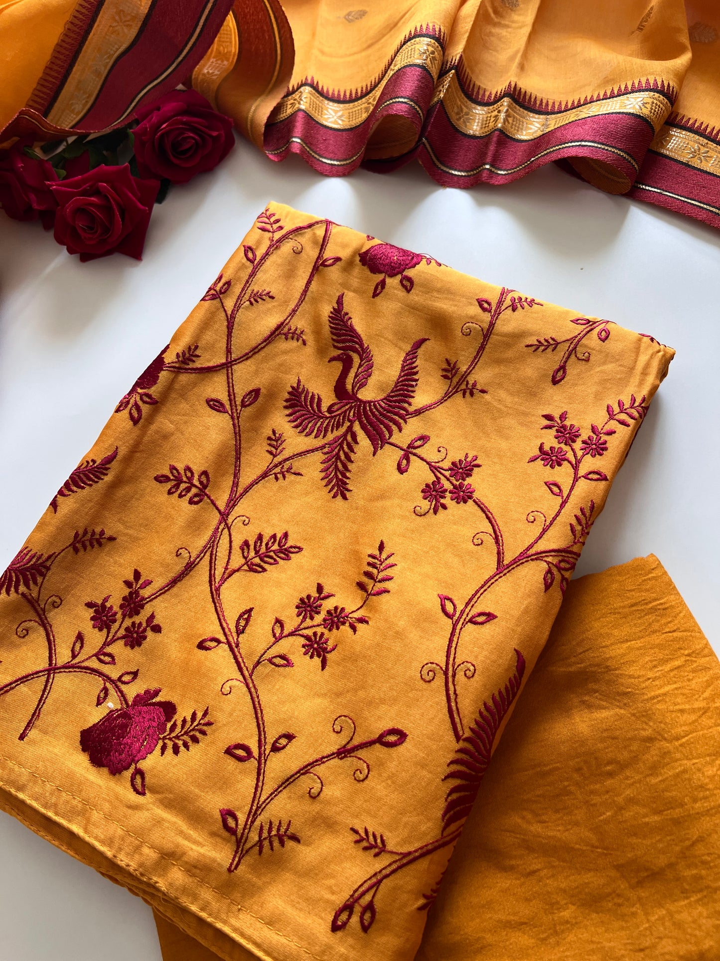 Yellow Pure Chanderi Parsi Thread embroidered Unstitched Suit
