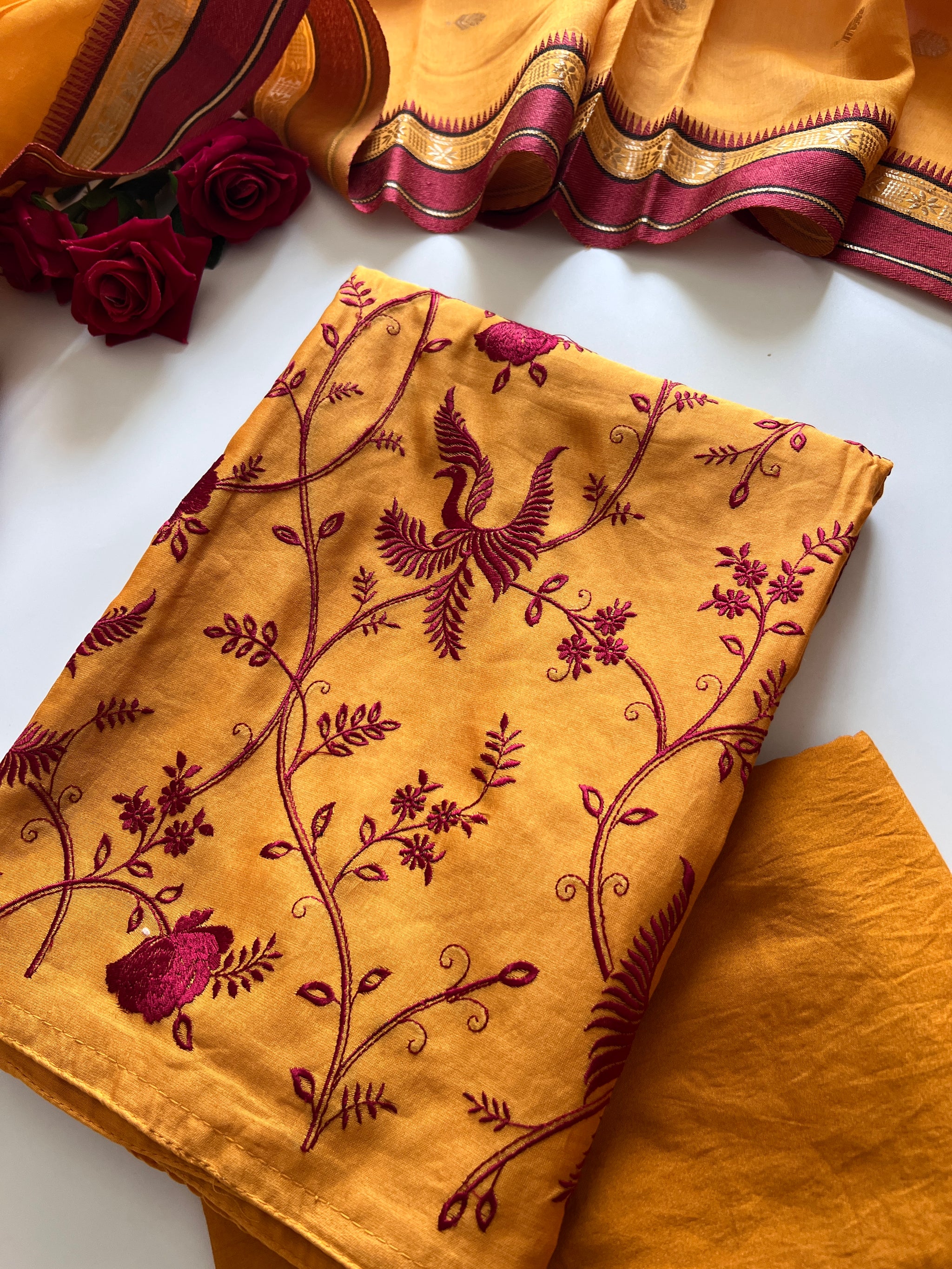 Yellow Pure Chanderi Parsi Thread embroidered Unstitched Suit