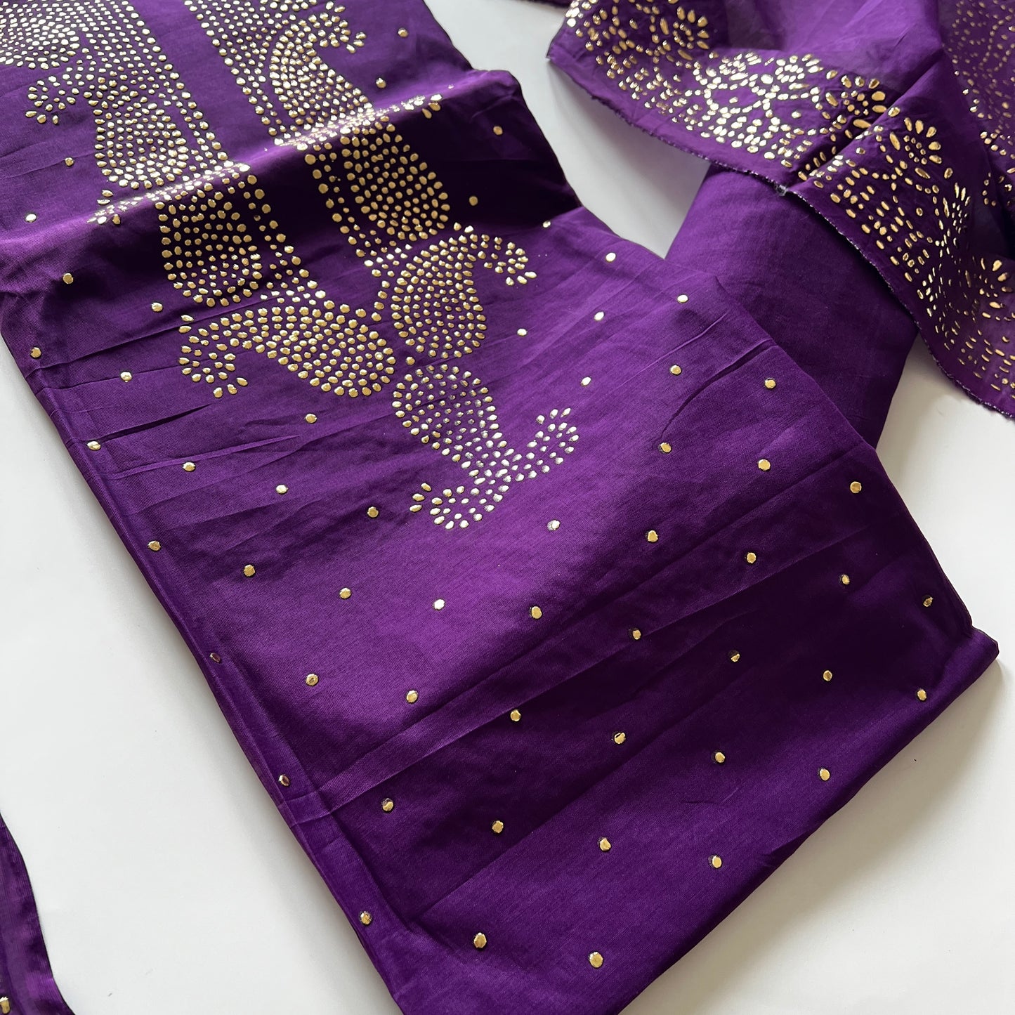 Purple Mul Chanderi dress material with mukaish -Paisley