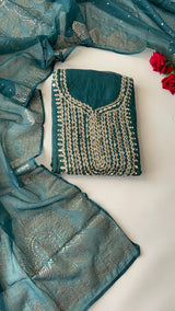 Mirror work on Mul Chanderi dress material with mukaish work dupatta