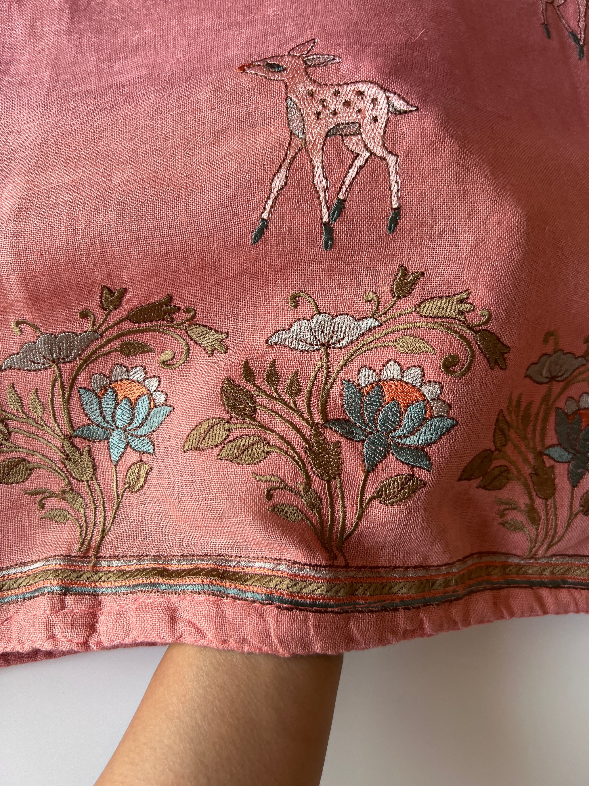 Pure linen Shikargah embroidered unstitched suit.