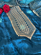 Blue Gajji Silk With gotta work neck Unstitched suit